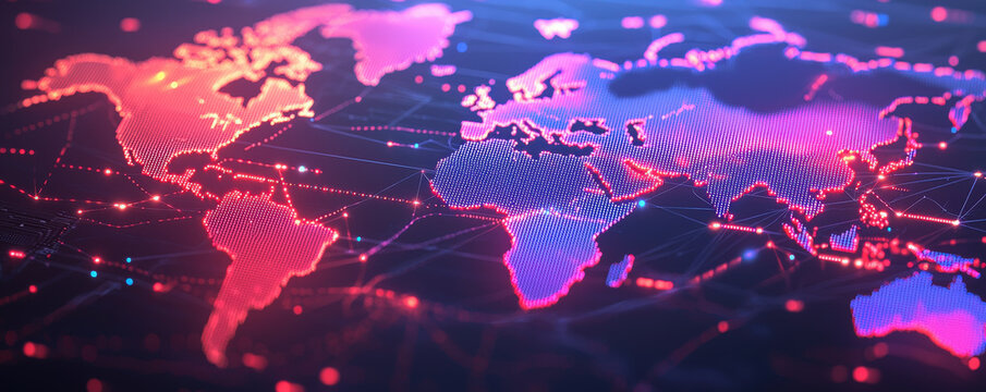 vibrant world map showcasing trade routes and quota limits, illuminated with neon colors, representing global connections and commerce