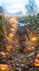Classic Halloween scarecrow costume with glowing eyes