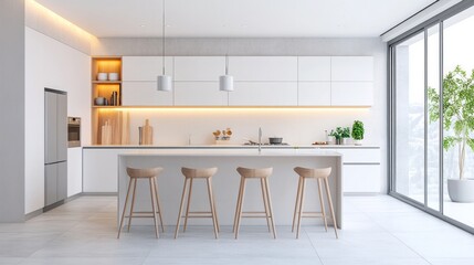 Fototapeta premium A bright and airy upscale kitchen with modern, high-end finishes. The design is minimalist, featuring elegant strip lighting under sleek, AI Generative