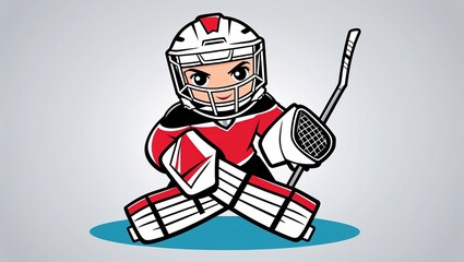Chibi ice hockey goalie in red and black uniform, vector illustration