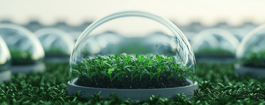 miniature greenhouse with young plants under glass dome symbolizes sustainable growth and low carbon footprint choices. This image reflects importance of nurturing nature