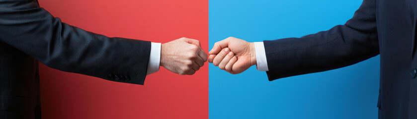 Obraz premium Negotiation hands in business suits symbolize diplomacy and collaboration, set against contrasting red and blue backgrounds. This image captures essence of partnership and agreement