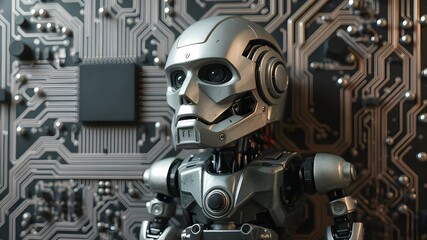 Futuristic Robot Model Against Circuit Board Background