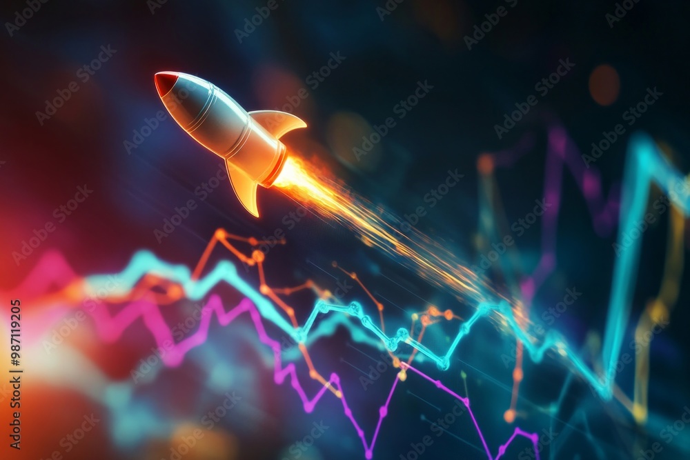 Poster a chart showing growth, a tiny rocket flying at the tip of the line chart, epic background, ai gener