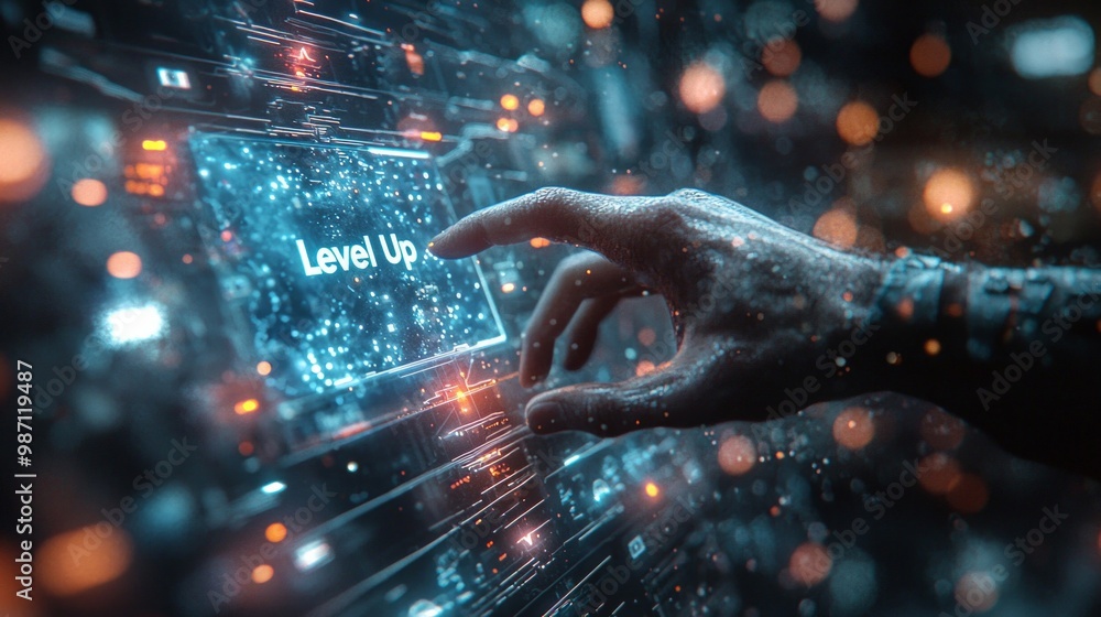Aufkleber a close-up of guys hand reaching out to touch a floating blue screen with 