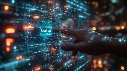 A close-up of guys hand reaching out to touch a floating blue screen with "Level Up" displayed, the system's interface glowing softly, a pov scene, AI Generative