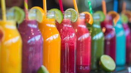 A row of colorful smoothies in clear plastic cups with straws, ready to be enjoyed.