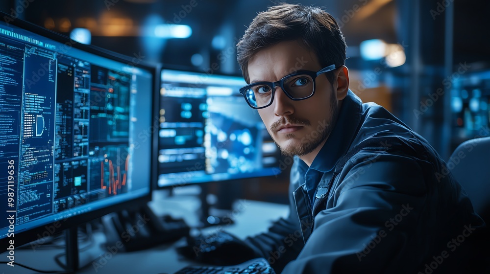 Poster a young man in glasses and a blue jacket is working at a computer in a dark room. he is looking inte