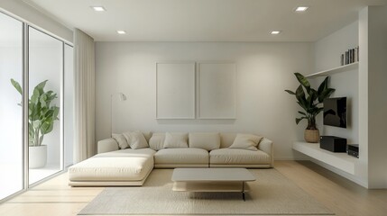 Fototapeta premium A contemporary minimalistic living room features a neutral color palette with main colors like white, grey, and beige, AI Generative