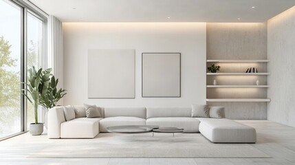 A contemporary minimalistic living room features a neutral color palette with main colors like white, grey, and beige, AI Generative