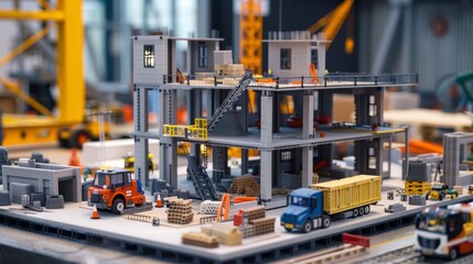 Fototapeta premium Industrial Construction Site with Cranes Trucks and Cargo Containers in a Modern City Skyline