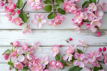 Delicate pink apple blossoms arranged on a white rustic wooden background, creating a fresh and soft aesthetic