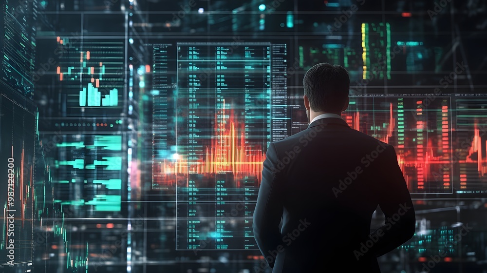 Poster an office scene where a businessman is closely analyzing fluctuating graphs on a digital display. th