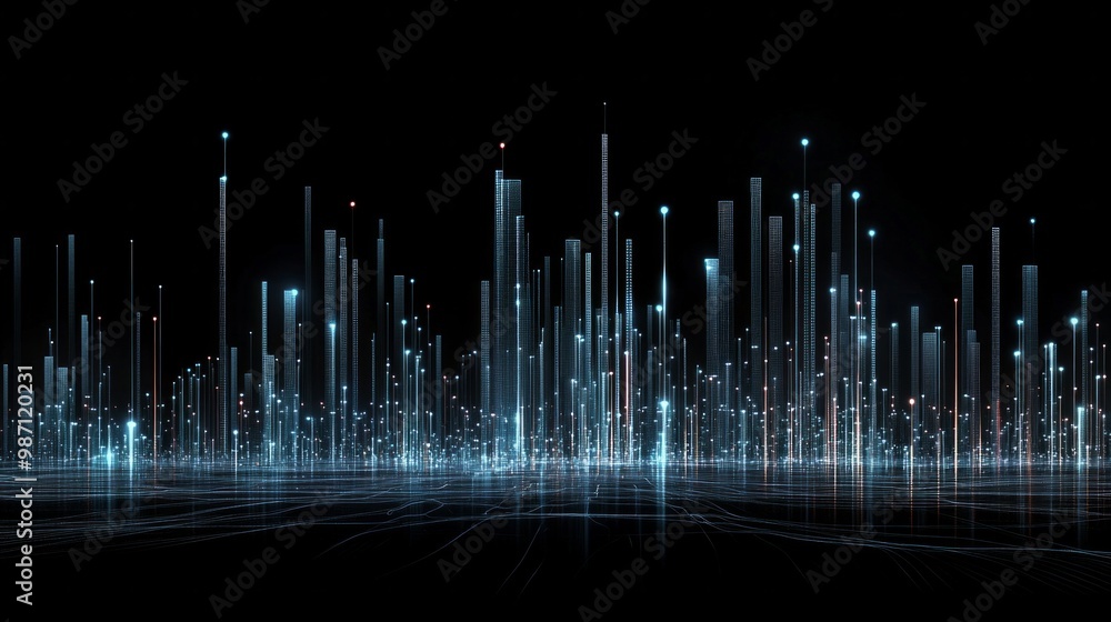Poster a digital landscape of glowing lines and dots forming an abstract bar graph, ai generative
