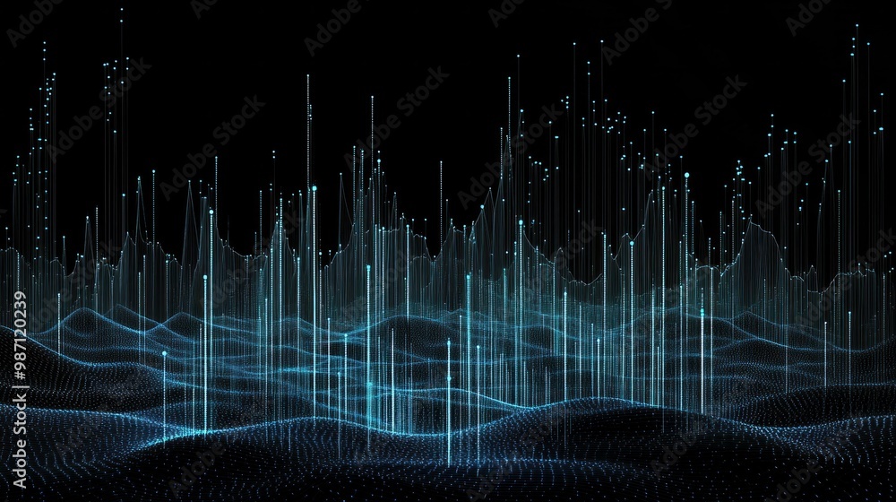 Poster a digital landscape of glowing lines and dots forming an abstract bar graph, ai generative