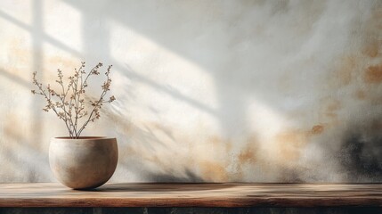 Empty rustic wall with simple vase, pot with dried flowers. Wabi sabi style.