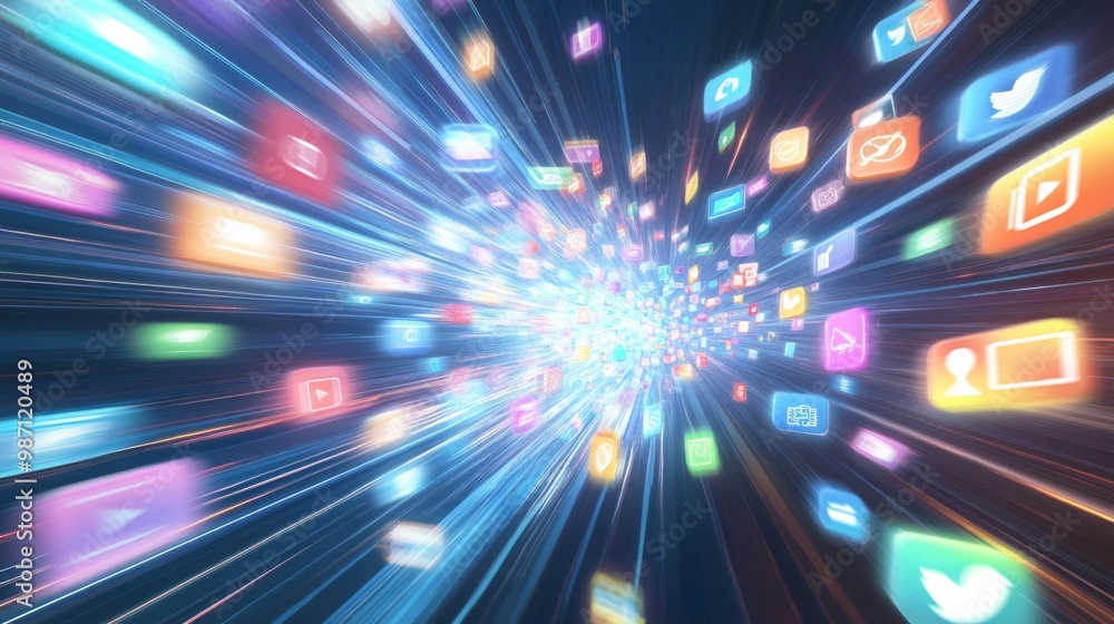 Poster a dynamic and vibrant scene showcasing the concept of super fast application creation. visualize a m