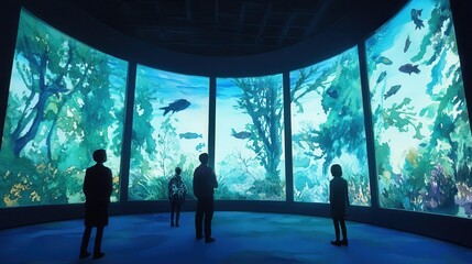 Visitors admire vibrant aquatic life through immersive displays in an aquatic exhibit, showcasing underwater ecosystems.