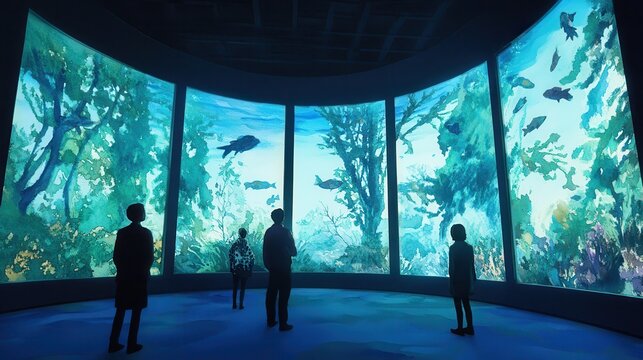 Visitors admire vibrant aquatic life through immersive displays in an aquatic exhibit, showcasing underwater ecosystems.