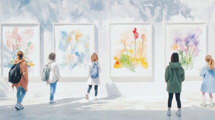 Visitors explore an art gallery showcasing vibrant watercolor paintings on bright walls, capturing creativity and inspiration.