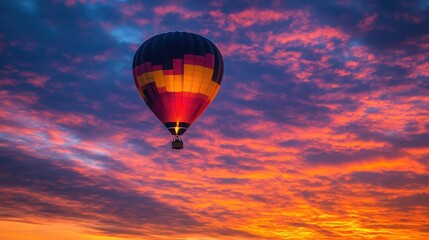 Fototapeta premium Colorful hot air balloon flying in a vibrant sunset sky.