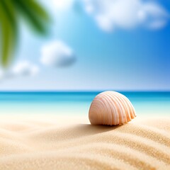 Obraz premium a serene beach scene with a seashell lying on the sand. Palm leaves frame the scene on either side, providing a sense of tropical paradise. The ocean in the background is a vibrant blue color .