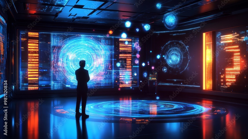 Aufkleber a futuristic ai laboratory with holographic displays showcasing intricate image generation processes