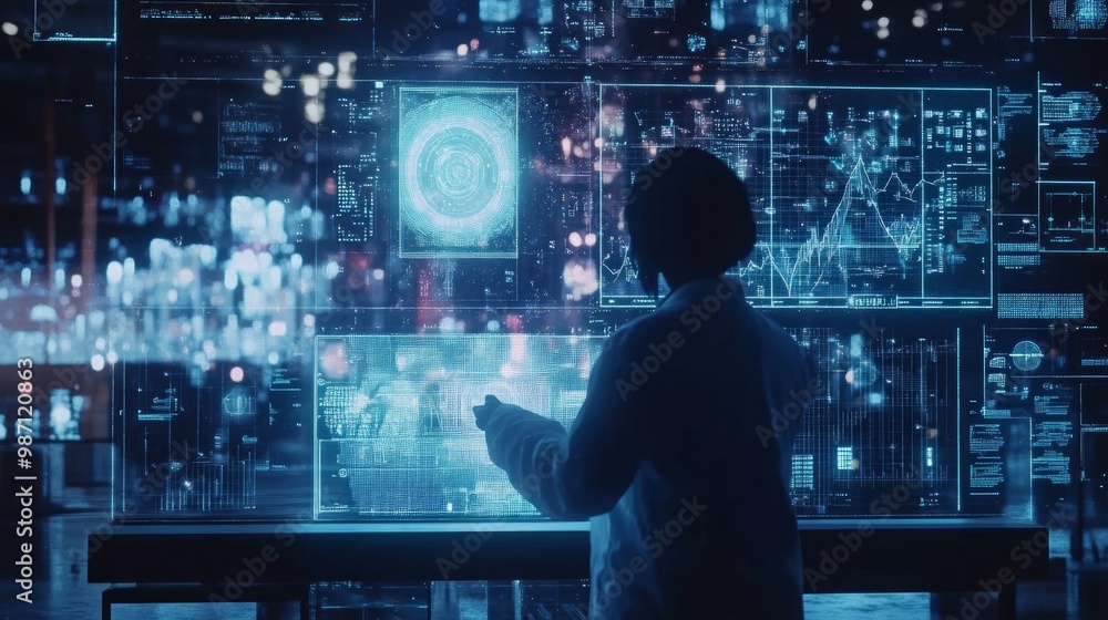 Poster a futuristic ai laboratory with holographic displays showcasing intricate image generation processes