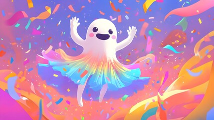Obraz premium Happy Ghost in Rainbow Skirt with Confetti
