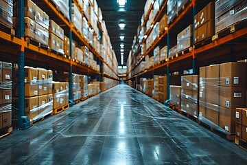 Expansive Warehouse Aisle with Stacked Boxes and Shelving for Storage and Distribution