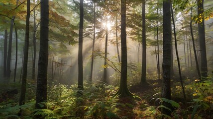 Fototapeta premium A misty morning in a dense forest during early autumn, with sunlight filtering through the fog and the first hints of seasonal color change visible on the leaves 