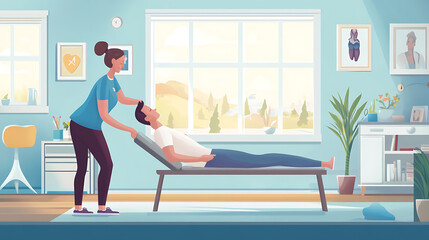 A person doing gentle physical therapy exercises in their home, with a therapist guiding them through movements to aid recovery. 