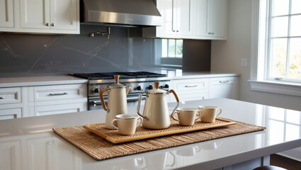 A sleek, modern kitchen island countertop, made of rich, dark grey quartz, features a beautifully arranged coffee set, generative ai