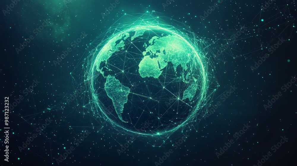 Poster a logo illustrating a glowing globe with a network of interconnected knowledge points, lime color li