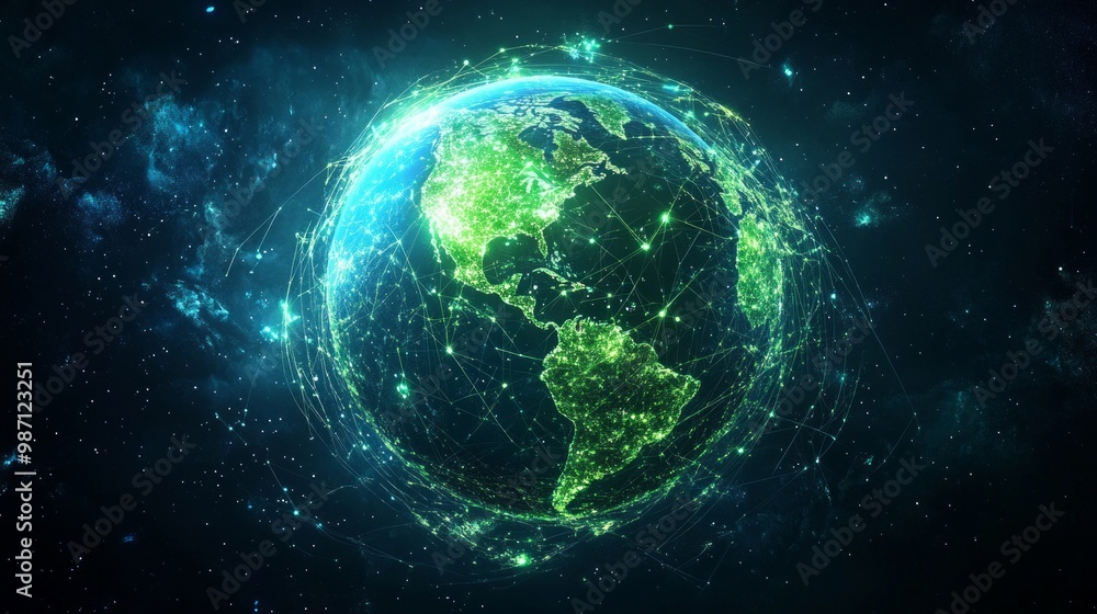 Poster a logo illustrating a glowing globe with a network of interconnected knowledge points, lime color li