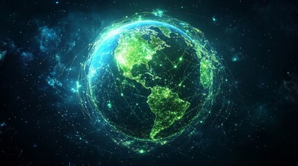 Obraz premium A logo illustrating a glowing globe with a network of interconnected knowledge points, lime color light and dark blue background, AI Generative