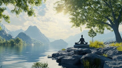 A man practicing mindfulness and meditation or yoga in a peaceful natural environment realistic image, ultra hd, AI Generative