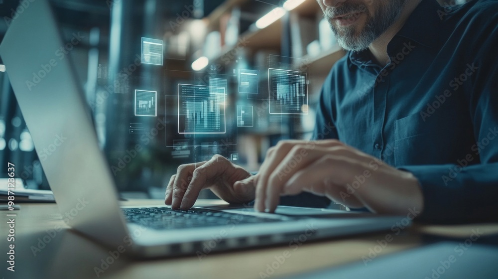 Poster a middle-aged accountant is making a query on the laptop in front of him, ai generative