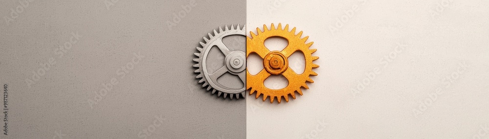 Poster interlocking gears in contrasting colors, representing collaboration and mechanical precision.