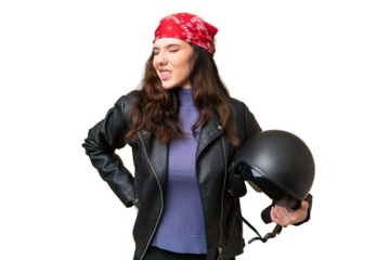 Young caucasian woman with a motorcycle helmet over isolated background suffering from backache for having made an effort