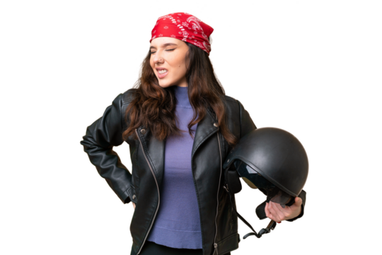 Young caucasian woman with a motorcycle helmet over isolated background suffering from backache for having made an effort