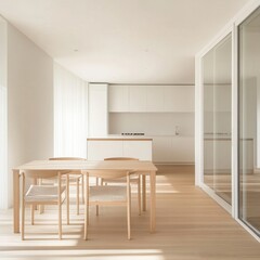 A minimalist dining room with white cabinets, light wood flooring and an open kitchen in the background. The table is made of natural oak, AI Generative