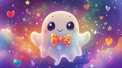 Fototapeta premium Cute Ghost with Bow Tie in Galaxy Illustration