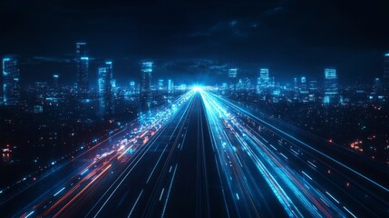 Fototapeta premium A cityscape with a long road filled with cars and a bright blue sky