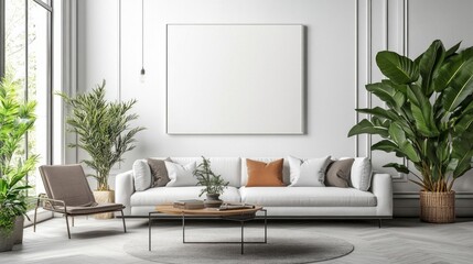 A modern living room with minimalist furniture, a cozy sofa, a coffee table, and indoor plants, AI Generative
