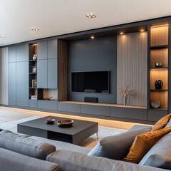 Fototapeta premium A modern living room with sleek furniture that includes built-in storage, hidden organizers under the coffee table, AI Generative
