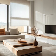 Fototapeta premium A modern living room with sleek furniture that includes built-in storage, hidden organizers under the coffee table, AI Generative