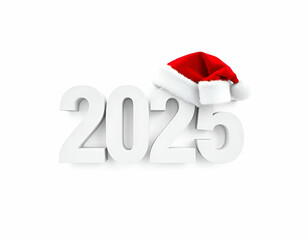 A Santa Claus hat next to white 2025 numbers, signifying the new year, white background