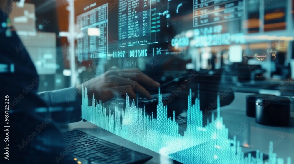 Poster a person is working in an office with a transparent price fluctuation bar chart in front of them, ai