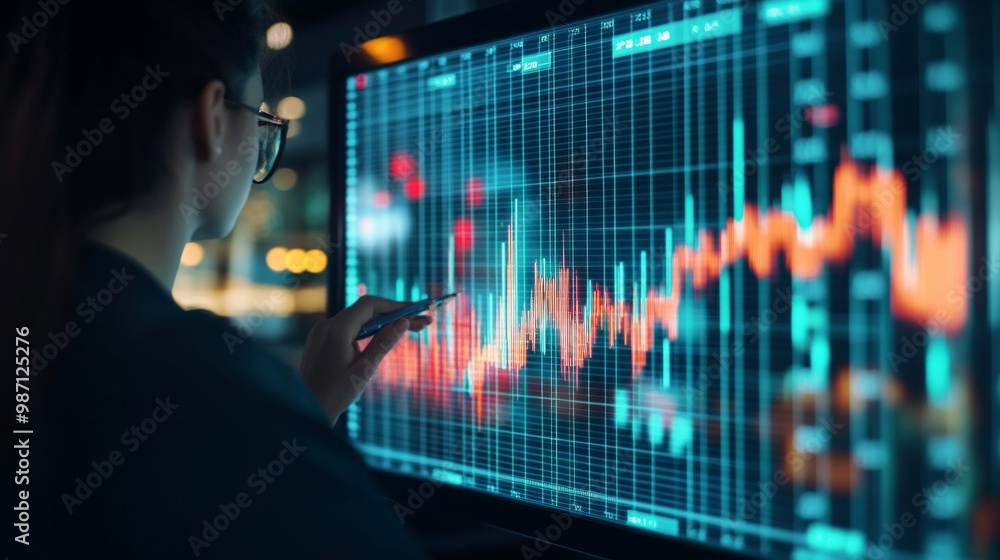 Poster a person is working in an office with a transparent price fluctuation bar chart in front of them, ai